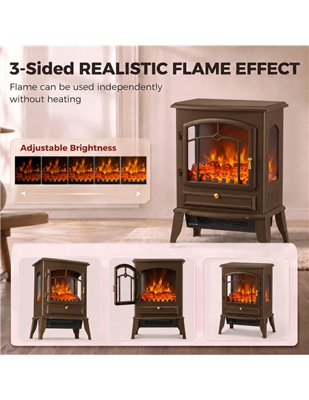 HOMCOM Electric Fireplace Stove, 1000/2000W 3-Sided Freestanding Fireplace Heater with 3D Flame Log, Thermostat, Brown - pic 206814 | FastDaddyshop