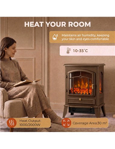 HOMCOM Electric Fireplace Stove, 1000/2000W 3-Sided Freestanding Fireplace Heater with 3D Flame Log, Thermostat, Brown