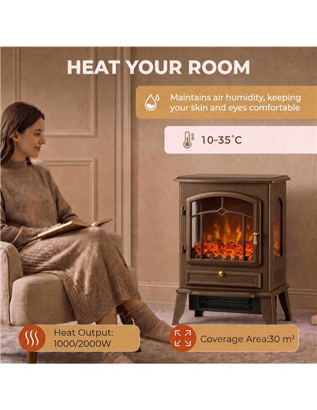 HOMCOM Electric Fireplace Stove, 1000/2000W 3-Sided Freestanding Fireplace Heater with 3D Flame Log, Thermostat, Brown - pic 206816 | FastDaddyshop