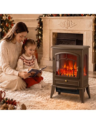 HOMCOM Electric Fireplace Stove, 1000/2000W 3-Sided Freestanding Fireplace Heater with 3D Flame Log, Thermostat, Brown