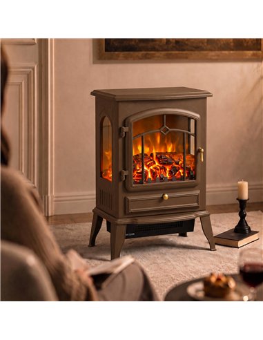 HOMCOM Electric Fireplace Stove, 1000/2000W 3-Sided Freestanding Fireplace Heater with 3D Flame Log, Thermostat, Brown
