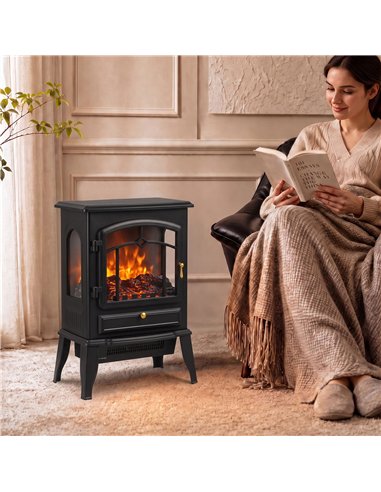 HOMCOM Electric Fireplace Stove, 1000/2000W 3-Sided Freestanding Fireplace Heater with 3D Flame Log, Thermostat, Black