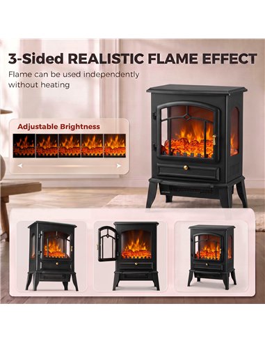 HOMCOM Electric Fireplace Stove, 1000/2000W 3-Sided Freestanding Fireplace Heater with 3D Flame Log, Thermostat, Black