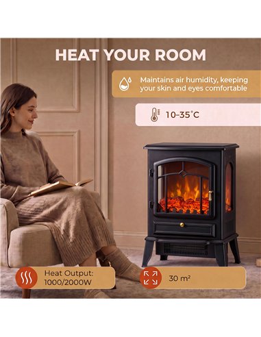 HOMCOM Electric Fireplace Stove, 1000/2000W 3-Sided Freestanding Fireplace Heater with 3D Flame Log, Thermostat, Black