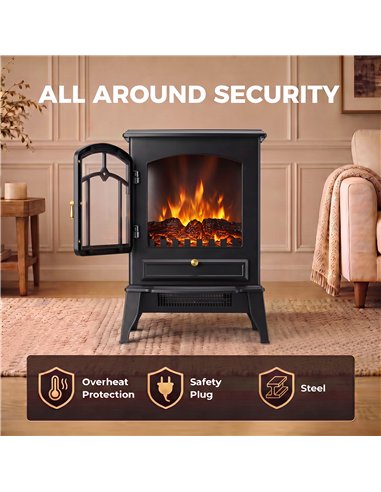 HOMCOM Electric Fireplace Stove, 1000/2000W 3-Sided Freestanding Fireplace Heater with 3D Flame Log, Thermostat, Black