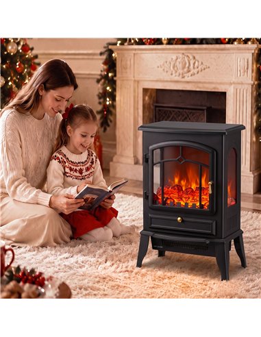 HOMCOM Electric Fireplace Stove, 1000/2000W 3-Sided Freestanding Fireplace Heater with 3D Flame Log, Thermostat, Black