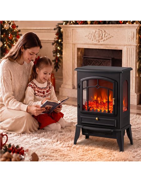 HOMCOM Electric Fireplace Stove, 1000/2000W 3-Sided Freestanding Fireplace Heater with 3D Flame Log, Thermostat, Black - pic 206827 | FastDaddyshop