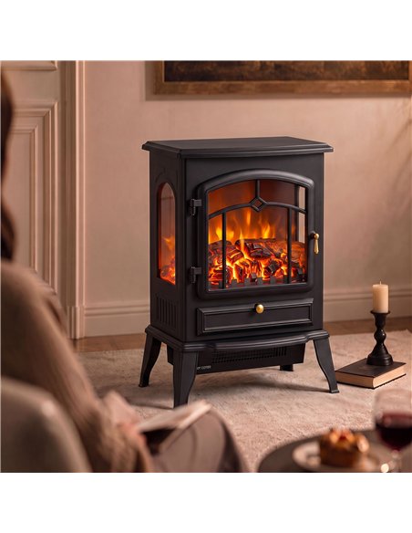 HOMCOM Electric Fireplace Stove, 1000/2000W 3-Sided Freestanding Fireplace Heater with 3D Flame Log, Thermostat, Black - pic 206828 | FastDaddyshop