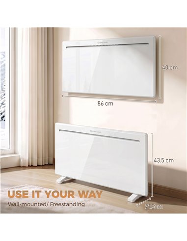 HOMCOM Smart Panel Heater Wall Mounted/Freestanding, Electric Heater with Weekly Timer, Open Window & Anti-Frost, 2000W, White