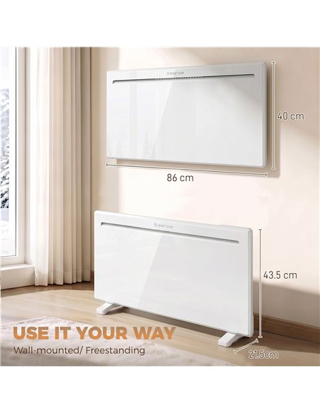 HOMCOM Smart Panel Heater Wall Mounted/Freestanding, Electric Heater with Weekly Timer, Open Window & Anti-Frost, 2000W, White - pic 206858 | FastDaddyshop