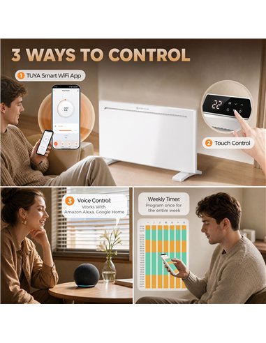 HOMCOM Smart Panel Heater Wall Mounted/Freestanding, Electric Heater with Weekly Timer, Open Window & Anti-Frost, 2000W, White