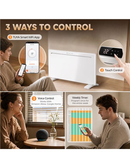 HOMCOM Smart Panel Heater Wall Mounted/Freestanding, Electric Heater with Weekly Timer, Open Window & Anti-Frost, 2000W, White - pic 206860 | FastDaddyshop