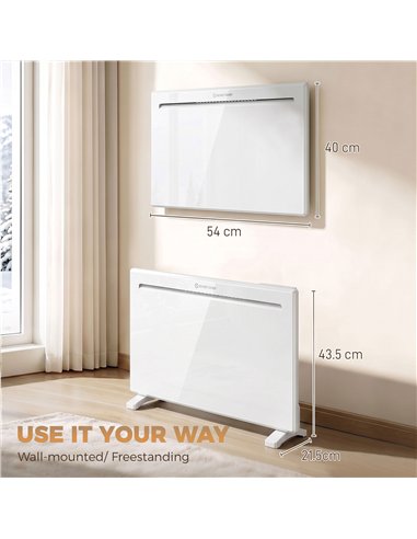 HOMCOM Smart Panel Heater Wall Mounted/Freestanding, Electric Heater with Weekly Timer, Open Window & Anti-Frost, 1000W, White