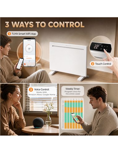 HOMCOM Smart Panel Heater Wall Mounted/Freestanding, Electric Heater with Weekly Timer, Open Window & Anti-Frost, 1000W, White