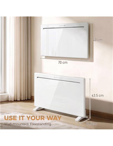 HOMCOM Smart Panel Heater Wall Mounted/Freestanding, Electric Heater with Weekly Timer, Open Window & Anti-Frost, 1500W, White