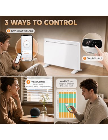 HOMCOM Smart Panel Heater Wall Mounted/Freestanding, Electric Heater with Weekly Timer, Open Window & Anti-Frost, 1500W, White