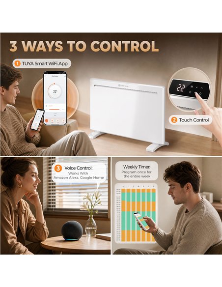 HOMCOM Smart Panel Heater Wall Mounted/Freestanding, Electric Heater with Weekly Timer, Open Window & Anti-Frost, 1500W, White - pic 206896 | FastDaddyshop