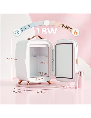 HOMCOM Skincare Refrigerator, 6L Mini Cosmetic Fridge with LED Mirror, Cooling Function for Bedroom, Skincare, Office, White