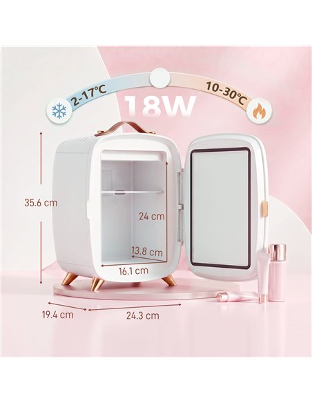 HOMCOM Skincare Refrigerator, 6L Mini Cosmetic Fridge with LED Mirror, Cooling Function for Bedroom, Skincare, Office, White - pic 206903 | FastDaddyshop