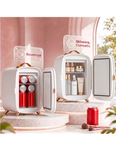 HOMCOM Skincare Refrigerator, 6L Mini Cosmetic Fridge with LED Mirror, Cooling Function for Bedroom, Skincare, Office, White