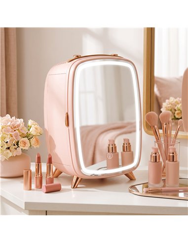 HOMCOM Skincare Refrigerator, 6L Mini Cosmetic Fridge with LED Mirror, Cooling Function for Bedroom, Skincare, Office, Pink