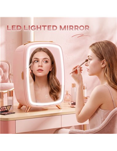 HOMCOM Skincare Refrigerator, 6L Mini Cosmetic Fridge with LED Mirror, Cooling Function for Bedroom, Skincare, Office, Pink