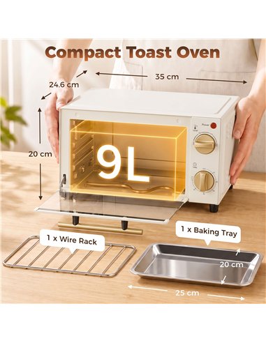 HOMCOM Mini Oven, 9L Countertop Electric Grill, Toaster Oven with Adjustable Temperature and Timer, 750W, White