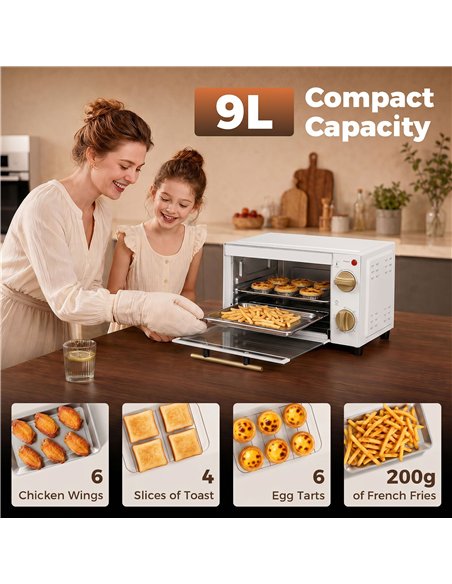 HOMCOM Mini Oven, 9L Countertop Electric Grill, Toaster Oven with Adjustable Temperature and Timer, 750W, White - pic 206941 | FastDaddyshop