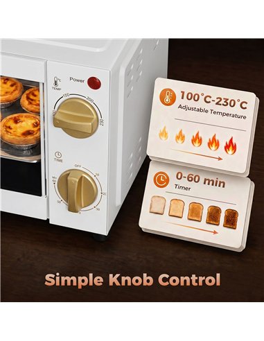 HOMCOM Mini Oven, 9L Countertop Electric Grill, Toaster Oven with Adjustable Temperature and Timer, 750W, White