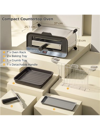 HOMCOM 3-in-1 Electric Mini Oven, Long Slot Toaster and Tabletop Grill, with LED Display, 60 Min Timer, Stainless Steel, 1700W