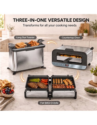 HOMCOM 3-in-1 Electric Mini Oven, Long Slot Toaster and Tabletop Grill, with LED Display, 60 Min Timer, Stainless Steel, 1700W