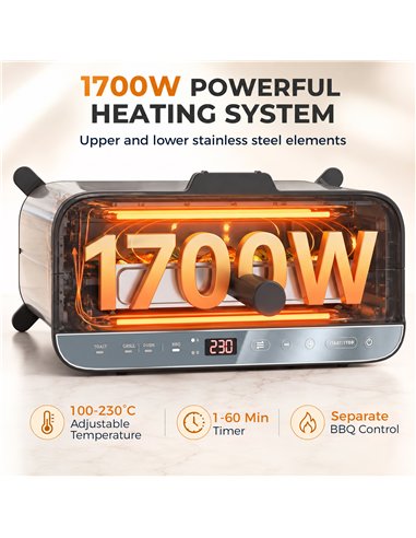 HOMCOM 3-in-1 Electric Mini Oven, Long Slot Toaster and Tabletop Grill, with LED Display, 60 Min Timer, Stainless Steel, 1700W