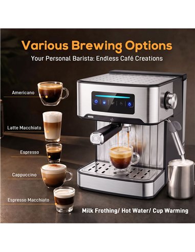 HOMCOM Espresso Machine, 20-Bar Cappuccino Coffee Maker with Frother Wand, 1.6L Tank, Single/Double/Manual Shot, LED Touch
