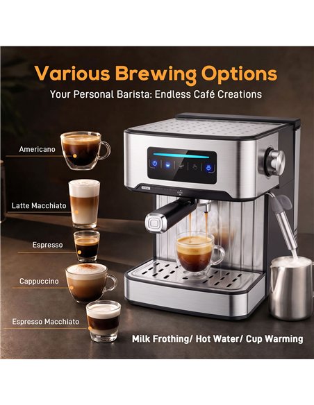 HOMCOM Espresso Machine, 20-Bar Cappuccino Coffee Maker with Frother Wand, 1.6L Tank, Single/Double/Manual Shot, LED Touch - pic 206959 | FastDaddyshop