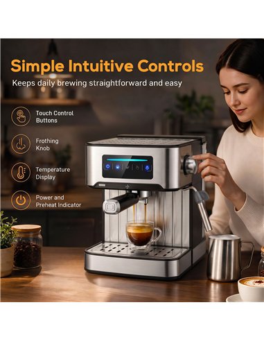 HOMCOM Espresso Machine, 20-Bar Cappuccino Coffee Maker with Frother Wand, 1.6L Tank, Single/Double/Manual Shot, LED Touch