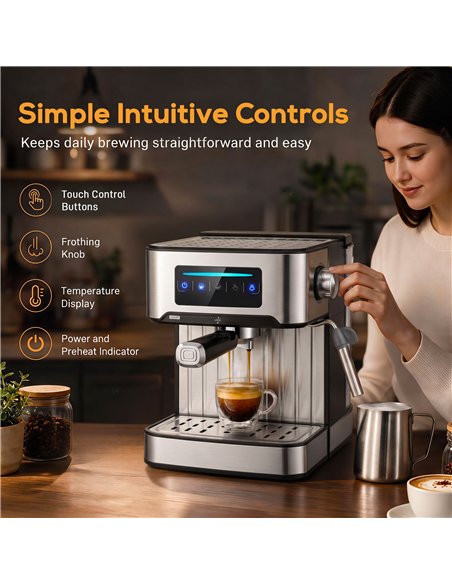 HOMCOM Espresso Machine, 20-Bar Cappuccino Coffee Maker with Frother Wand, 1.6L Tank, Single/Double/Manual Shot, LED Touch - pic 206960 | FastDaddyshop