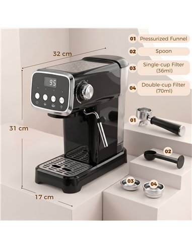 HOMCOM Espresso Machine, 20-Bar Cappuccino Coffee Maker with Frother Wand, 1.2 L Water Tank, Black