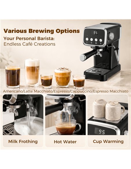 HOMCOM Espresso Machine, 20-Bar Cappuccino Coffee Maker with Frother Wand, 1.2 L Water Tank, Black - pic 206968 | FastDaddyshop