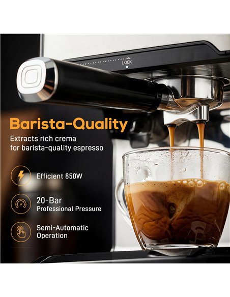 HOMCOM Espresso Machine, 20-Bar Semi Automatic Cappuccino Coffee Maker with Frother Wand, 1.6 L Water Tank, Black and Silver - pic 206994 | FastDaddyshop