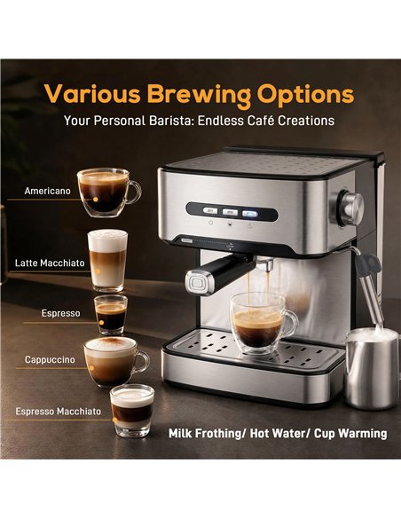 HOMCOM Espresso Machine, 20-Bar Semi Automatic Cappuccino Coffee Maker with Frother Wand, 1.6 L Water Tank, Black and Silver - pic 206995 | FastDaddyshop