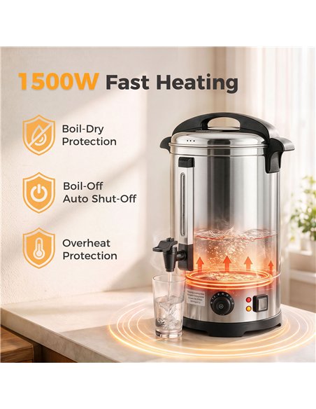 HOMCOM 6.5L Catering Urn, 1500W Stainless Steel Hot Water Boiler Dispenser with Thermostat, Keep Warm Function & Easy Pour Tap - pic 207006 | FastDaddyshop