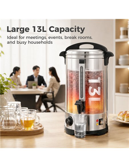 HOMCOM 13L Catering Urn, 2500W Stainless Steel Hot Water Boiler Dispenser with Thermostat, Keep Warm Function and Easy Pour Tap - pic 207012 | FastDaddyshop