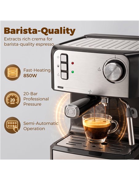 HOMCOM Espresso Machine, 20-Bar Semi Automatic Cappuccino Coffee Maker with Frother Wand, 1.6 L Water Tank, Black - pic 207021 | FastDaddyshop