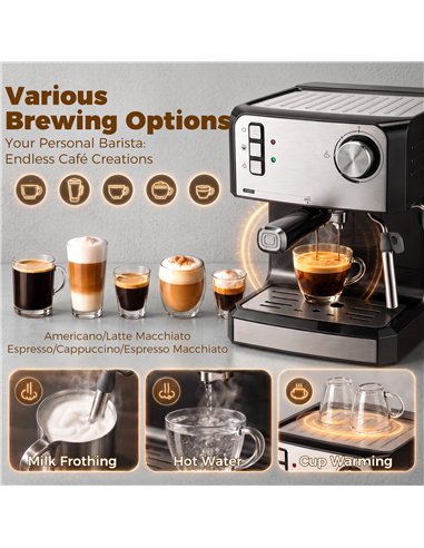 HOMCOM Espresso Machine, 20-Bar Semi Automatic Cappuccino Coffee Maker with Frother Wand, 1.6 L Water Tank, Black