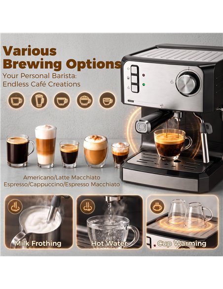 HOMCOM Espresso Machine, 20-Bar Semi Automatic Cappuccino Coffee Maker with Frother Wand, 1.6 L Water Tank, Black - pic 207022 | FastDaddyshop