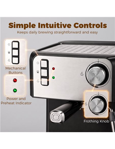 HOMCOM Espresso Machine, 20-Bar Semi Automatic Cappuccino Coffee Maker with Frother Wand, 1.6 L Water Tank, Black - pic 207023 | FastDaddyshop