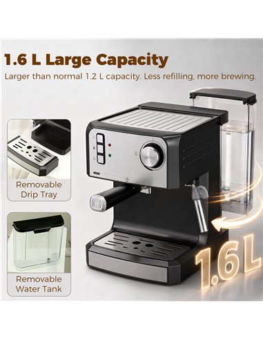 HOMCOM Espresso Machine, 20-Bar Semi Automatic Cappuccino Coffee Maker with Frother Wand, 1.6 L Water Tank, Black