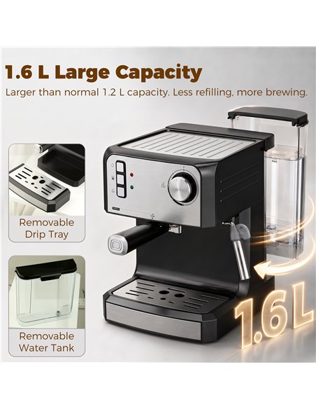 HOMCOM Espresso Machine, 20-Bar Semi Automatic Cappuccino Coffee Maker with Frother Wand, 1.6 L Water Tank, Black - pic 207024 | FastDaddyshop