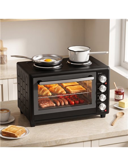 HOMCOM 46L Mini Oven with Dual Hot Plates, Electric Countertop Cooker with Convection, 90–230°C Adjustable Temperature - pic 207037 | FastDaddyshop