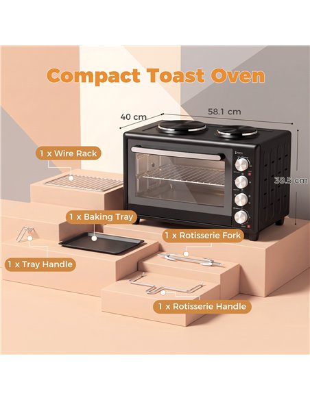 HOMCOM 46L Mini Oven with Dual Hot Plates, Electric Countertop Cooker with Convection, 90–230°C Adjustable Temperature - pic 207038 | FastDaddyshop